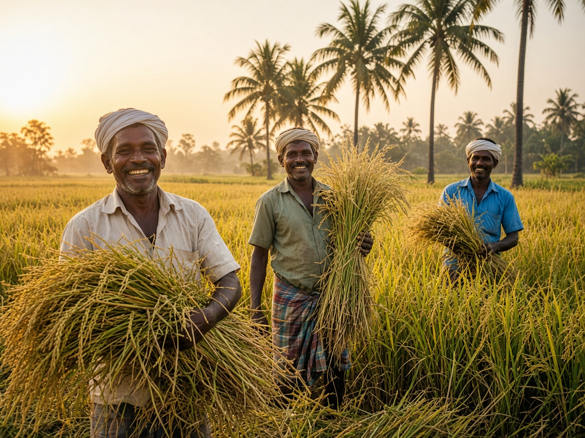 Indian farmers harvesting paddy in the fields