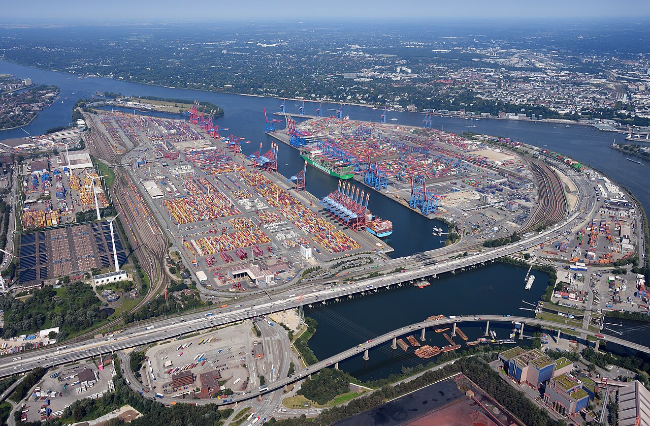 Aerial view of a container port